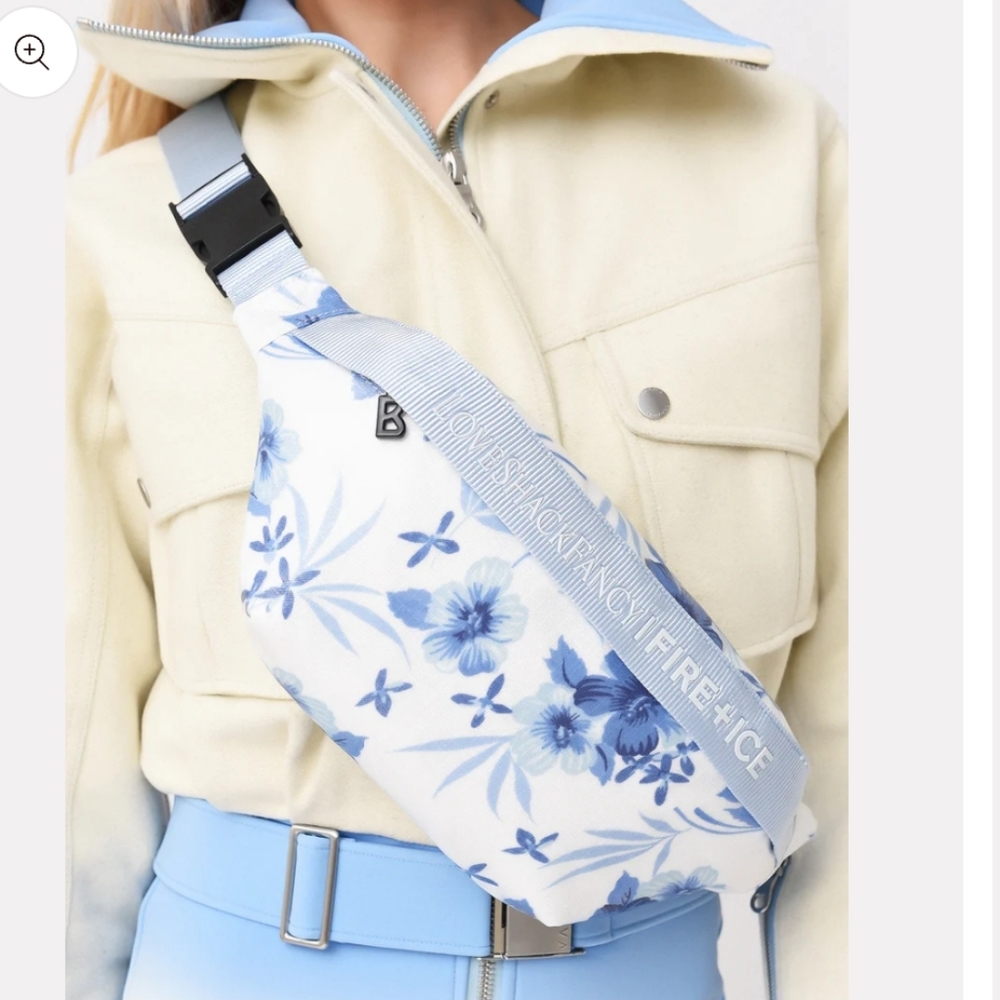 LoveShackFancy White & Blue Floral Crossbody Belt Bag with Branded Strap